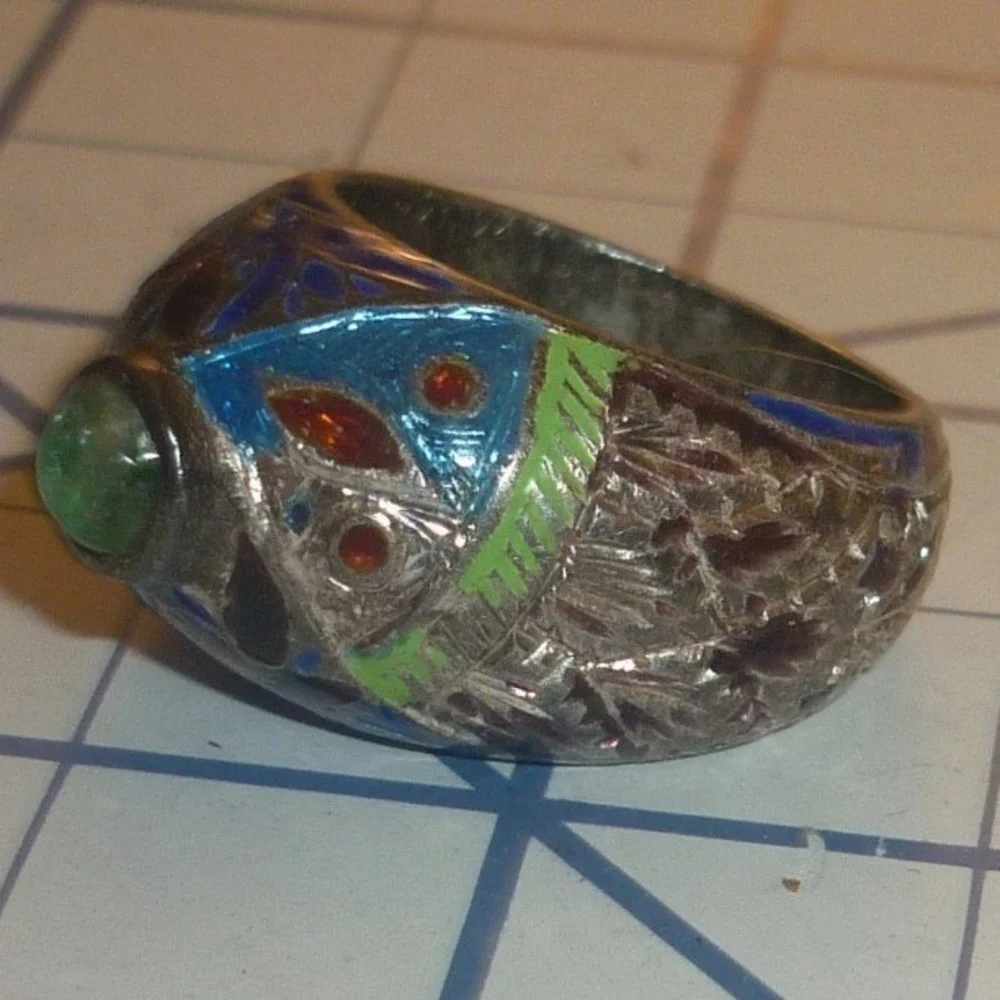 Vintage Chinese Export Cloisonne Enamel Silver Ring Green Cabochon Size 6.25